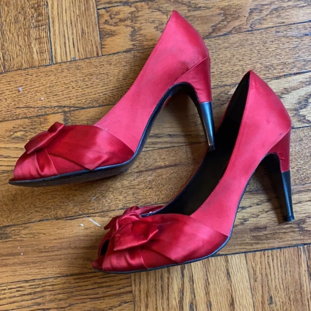 Zara red peep toe stilettos bow silver high heel shoes